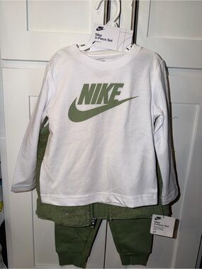 Kids Nike White Long Sleeve Tee with Olive Green Vest and Sweatpants